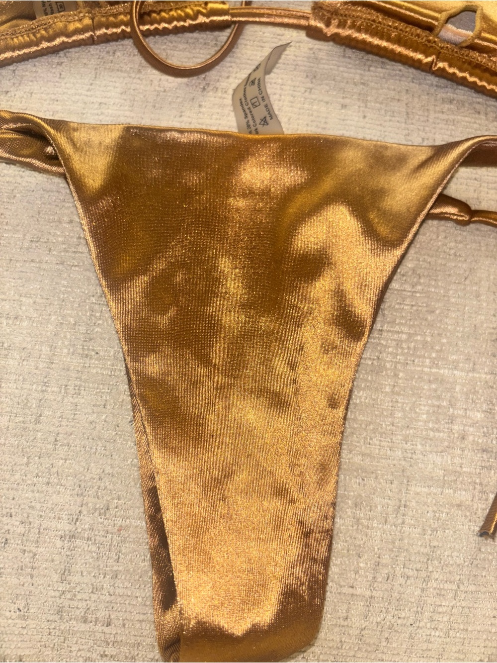Metallic Bronze String Bikini Set XS Shiny Triangle Top High Cut Thong Vacation - Picture 4 of 7